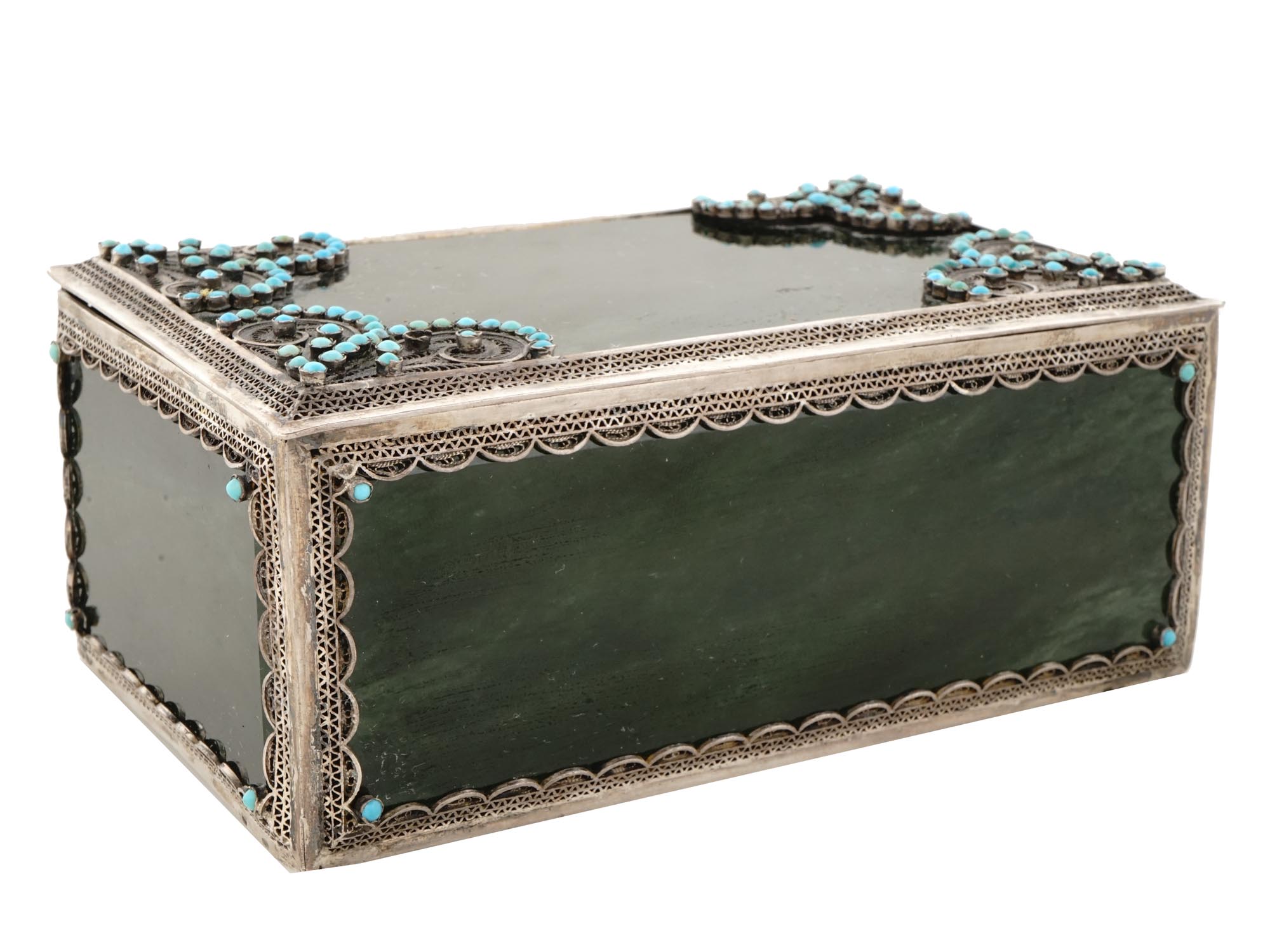 TURQUOISE STONES SILVER AND NEPHRITE TRINKET BOX PIC-0